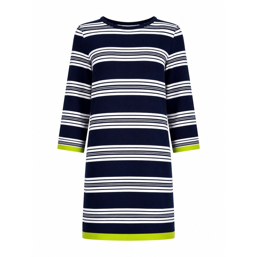 Navy White Striped Shift Dress 3/4 Sleeve Lime Green Trim Size Medium